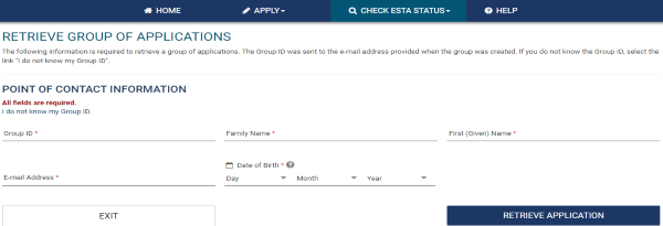 グループ申請した際の検索画面です。
氏名、メールアドレス、生年月日を入力することで自分のESTAを検索することができます。
