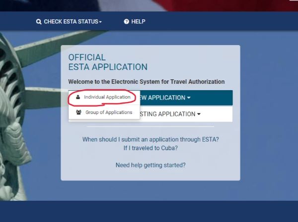ESTAを自分で申請した人はIndividual Application(個人による申請)をクリックします。