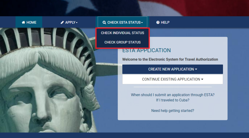 ESTA公式サイト ステータス確認の選択