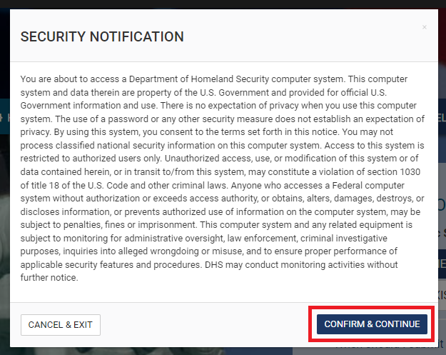 ESTA公式サイト SECURITY NOTIFICATION表示画面