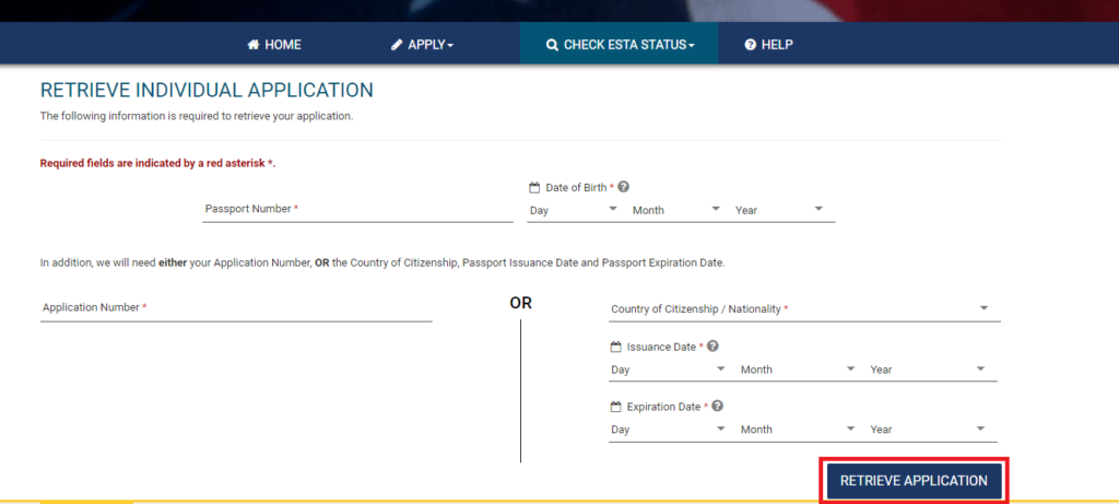ESTA公式サイト ステータス確認 申請者情報の入力画面