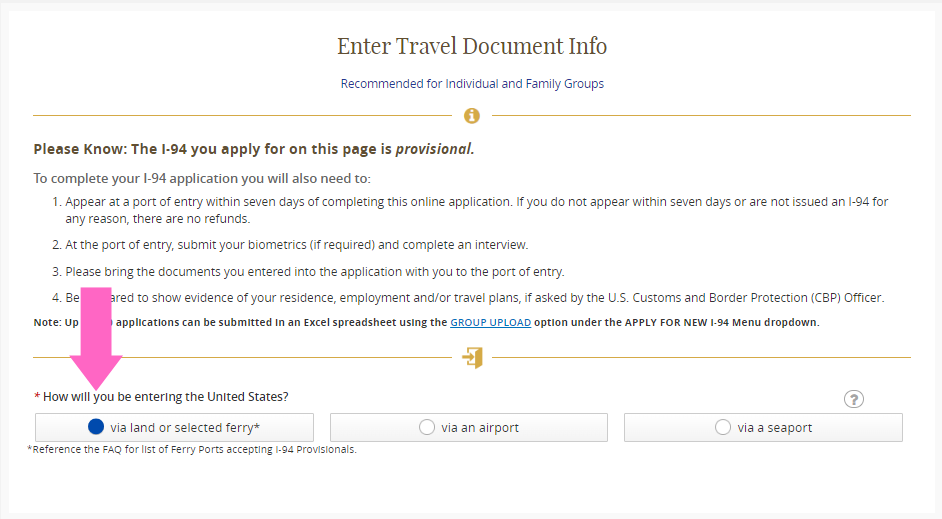 Enter Travel Document Info（渡航書類情報の入力）入力画面